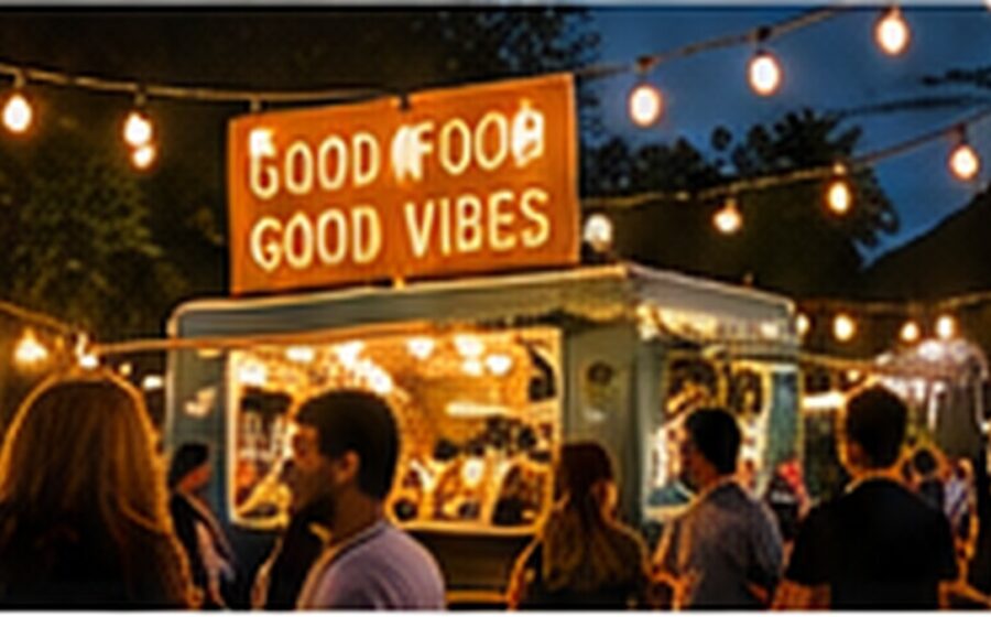 Barracas iluminadas e público em festival gastronômico noturno