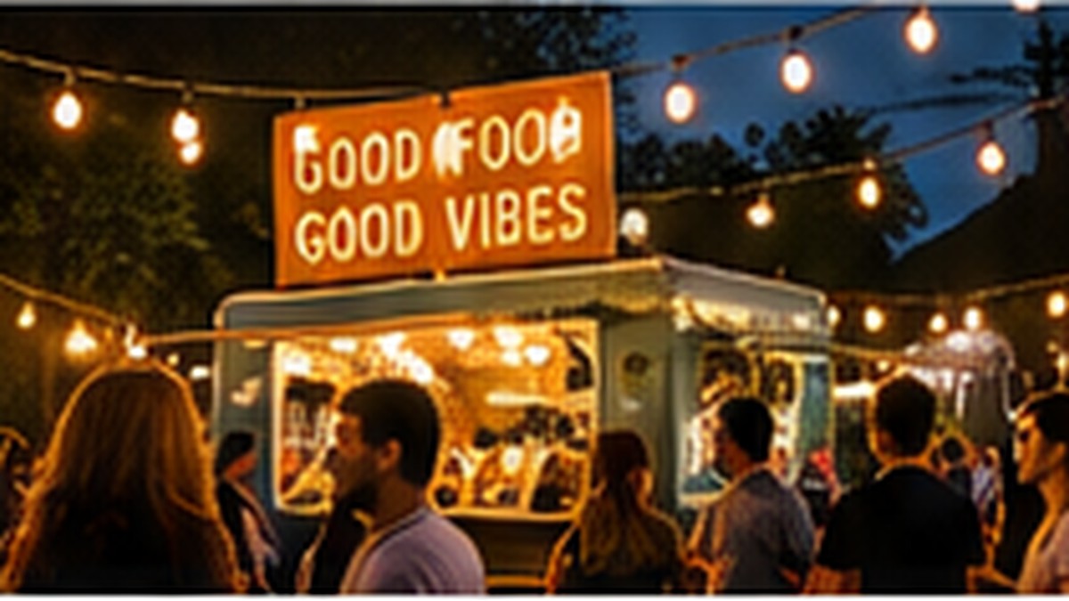 Barracas iluminadas e público em festival gastronômico noturno