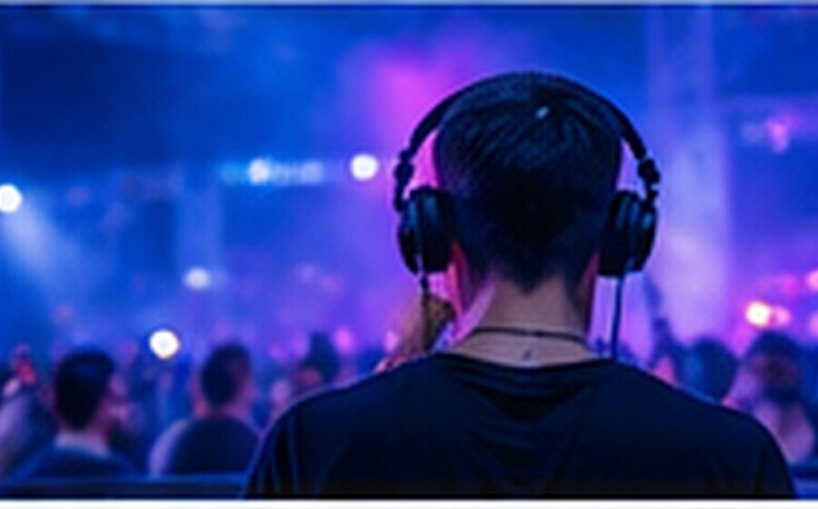 DJ visto de costas diante de pista iluminada por luzes coloridas