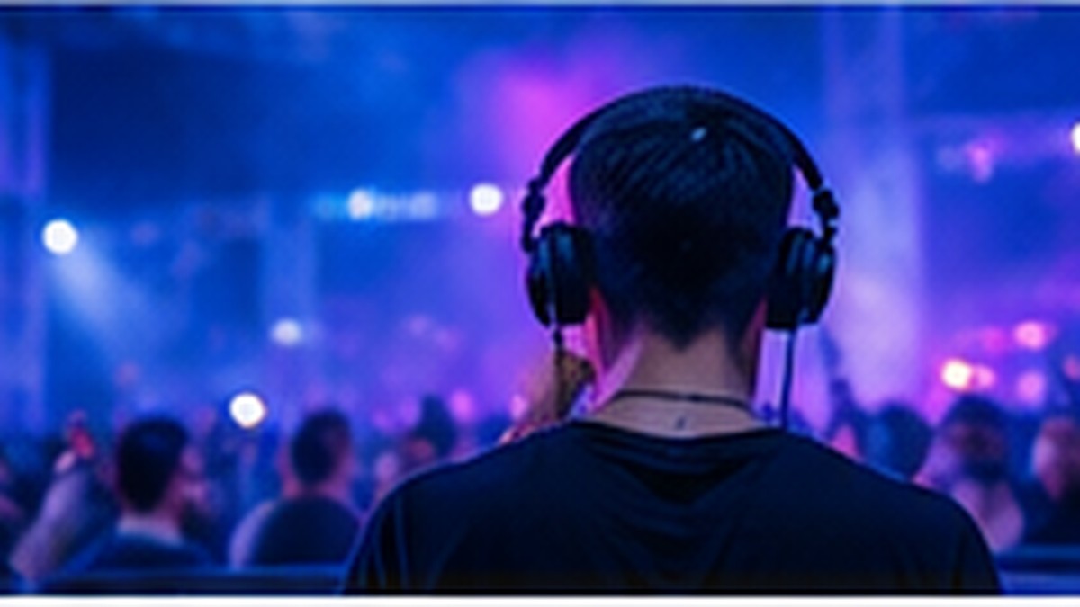 DJ visto de costas diante de pista iluminada por luzes coloridas