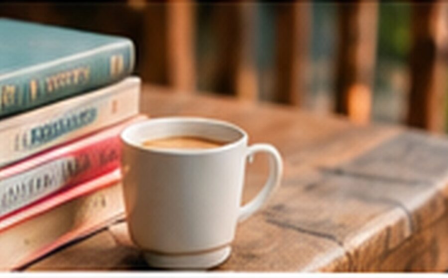 Livros empilhados ao lado de uma xícara de café