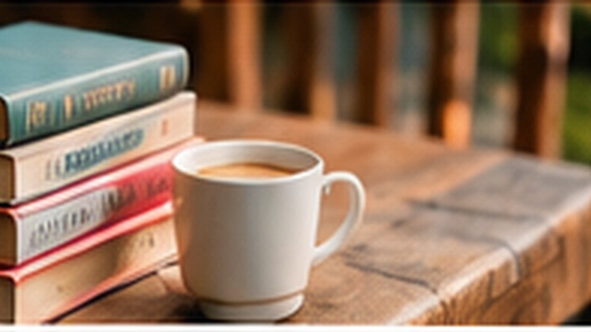 Livros empilhados ao lado de uma xícara de café