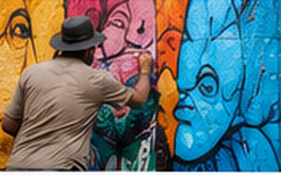 Artista trabalhando em um mural colorido de arte urbana