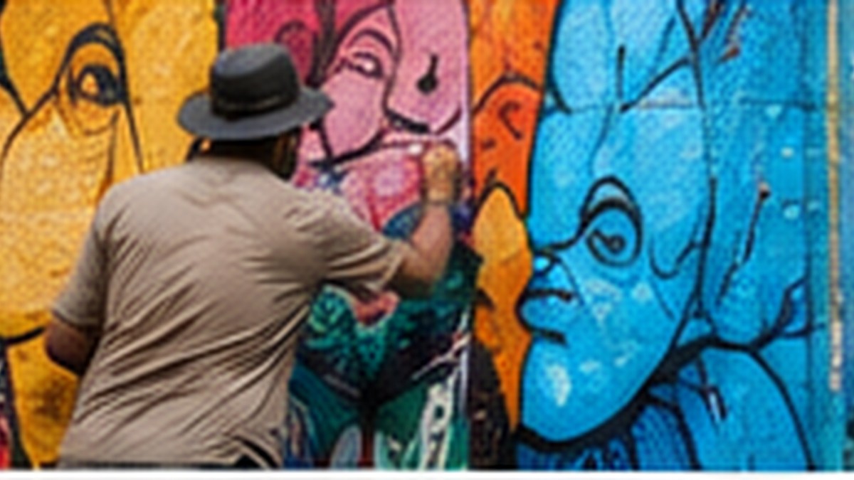 Artista trabalhando em um mural colorido de arte urbana