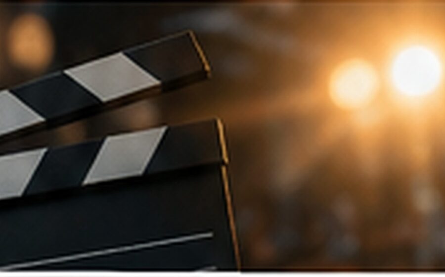 Claquete de cinema diante de luzes de palco desfocadas