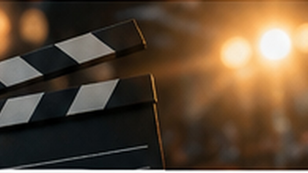 Claquete de cinema diante de luzes de palco desfocadas